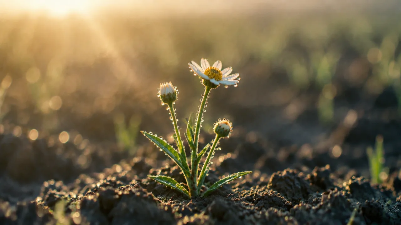 Una giovane plantula di cereale nel terreno smosso, le foglie coperte di rugiada nella luce radente dell'alba.