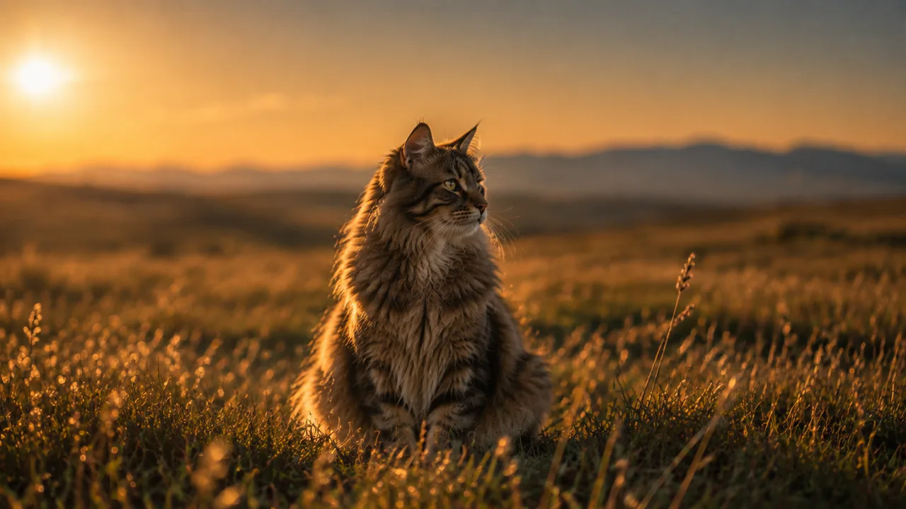 Un cane di grossa taglia seduto in un campo aperto al tramonto, il muso rivolto verso la luce bassa.